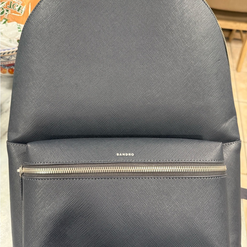 Sandro Navy Textured Leather Backpack with Silver Hardware